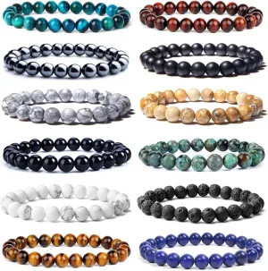 12Pcs Tiger Eye Bracelet For Men 8MM Natural Stone Beads Bracelet Set Stretch Lava Rock Bracelets Adjustable Black Crystal Beaded Bracelet for Men Women Gifts