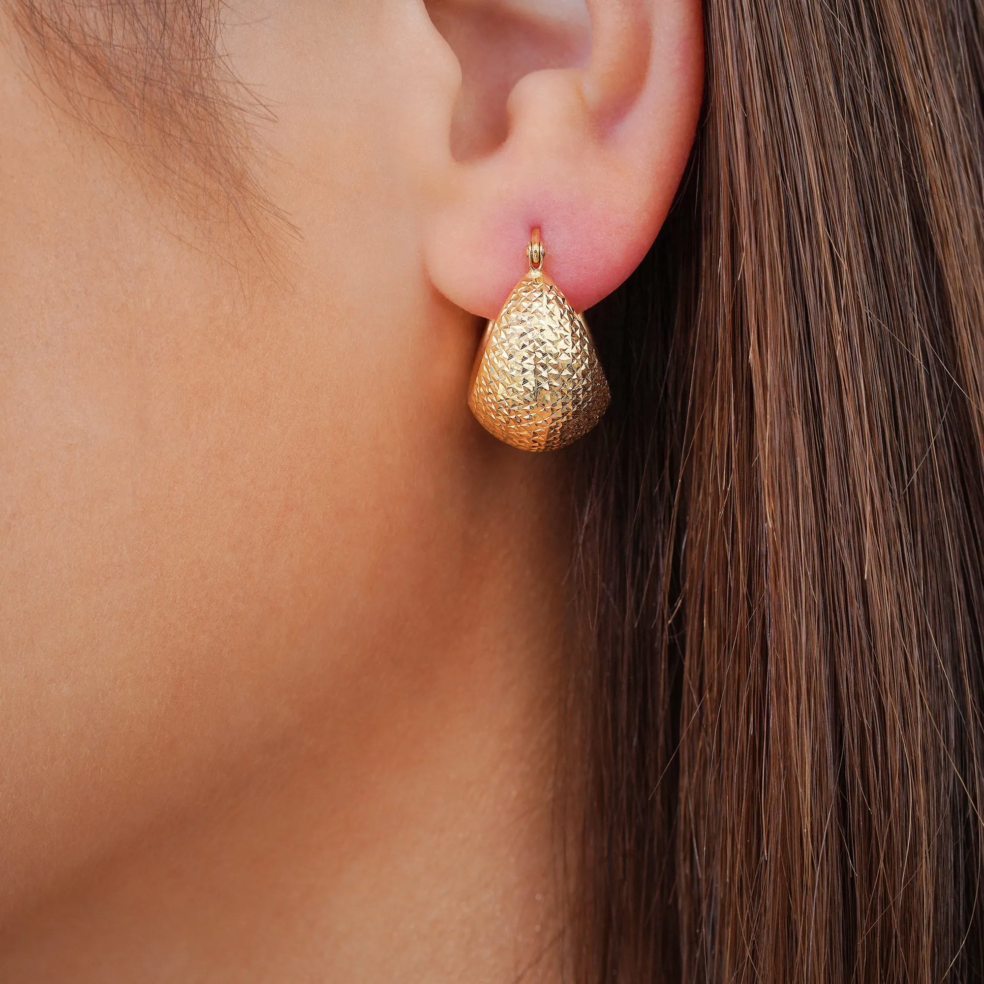 14k Yellow Gold Textured Bold Dome Hoop Earrings with Latch Back - Diamond-Cut