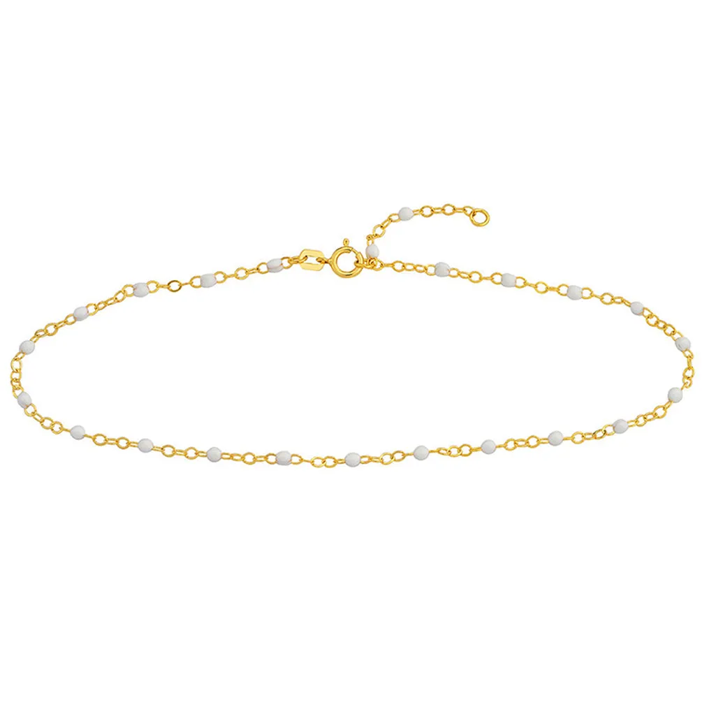 14K Yellow Gold White Enamel Bead Station 2mm Adjustable Chain Anklet with Spring Ring, 10 inches