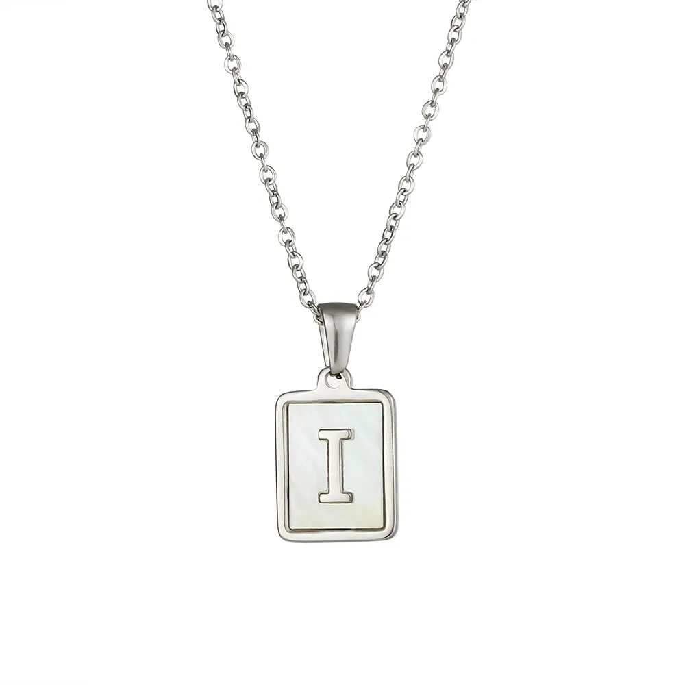 18K Golden Chain Necklaces Male Square Natural Shell Initial Letters Pendant Stainless Steel Jewelry