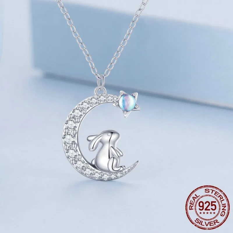 925 Sterling Silver Crescent Moon Pendant Necklace Cute Rabbit Neck Chain for Women Birthday Gift Fine Jewelry