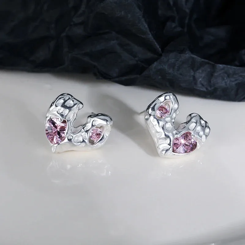 925 Sterling Silver Stud Earrings Charm Jewelry - Irregular Geometric Heart - TSJ153