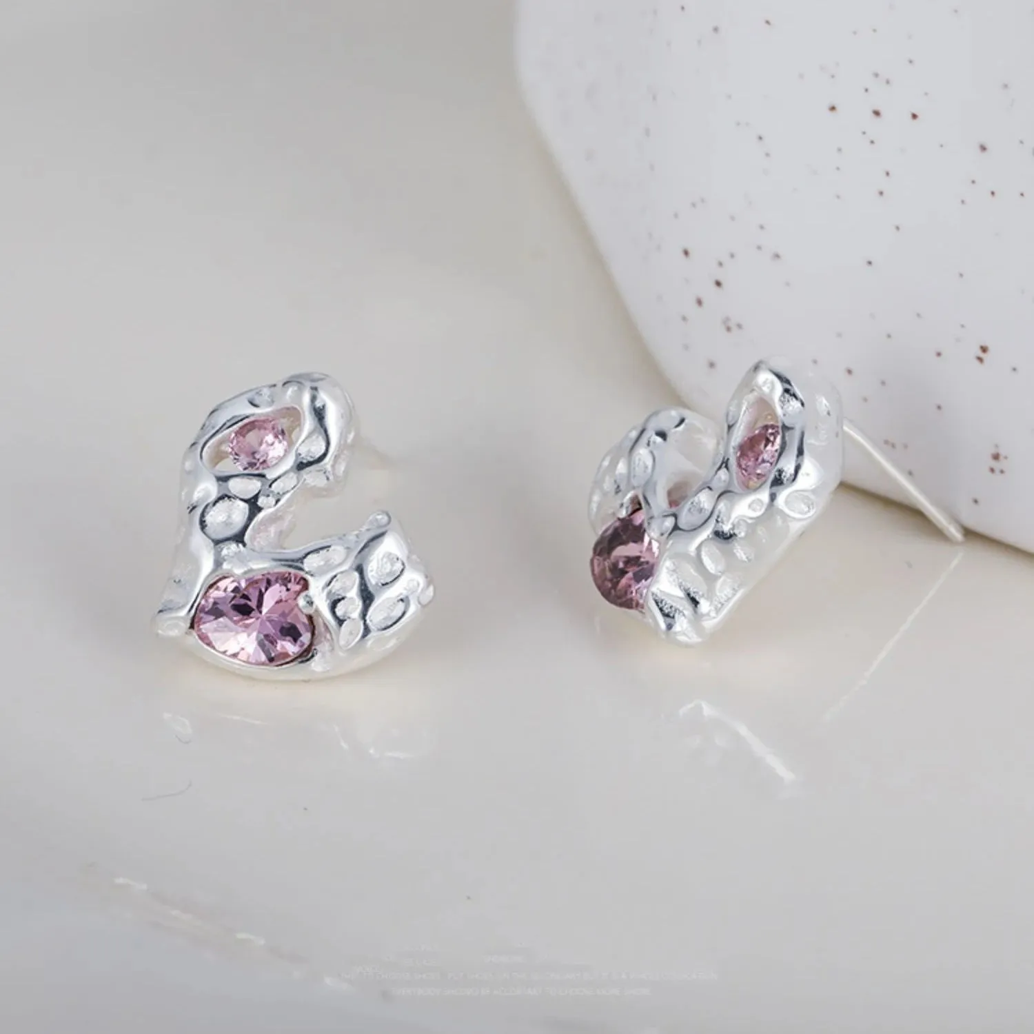 925 Sterling Silver Stud Earrings Charm Jewelry - Irregular Geometric Heart - TSJ153