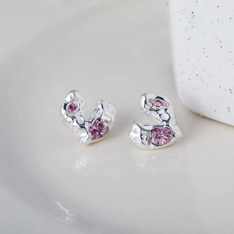 925 Sterling Silver Stud Earrings Charm Jewelry - Irregular Geometric Heart - TSJ153