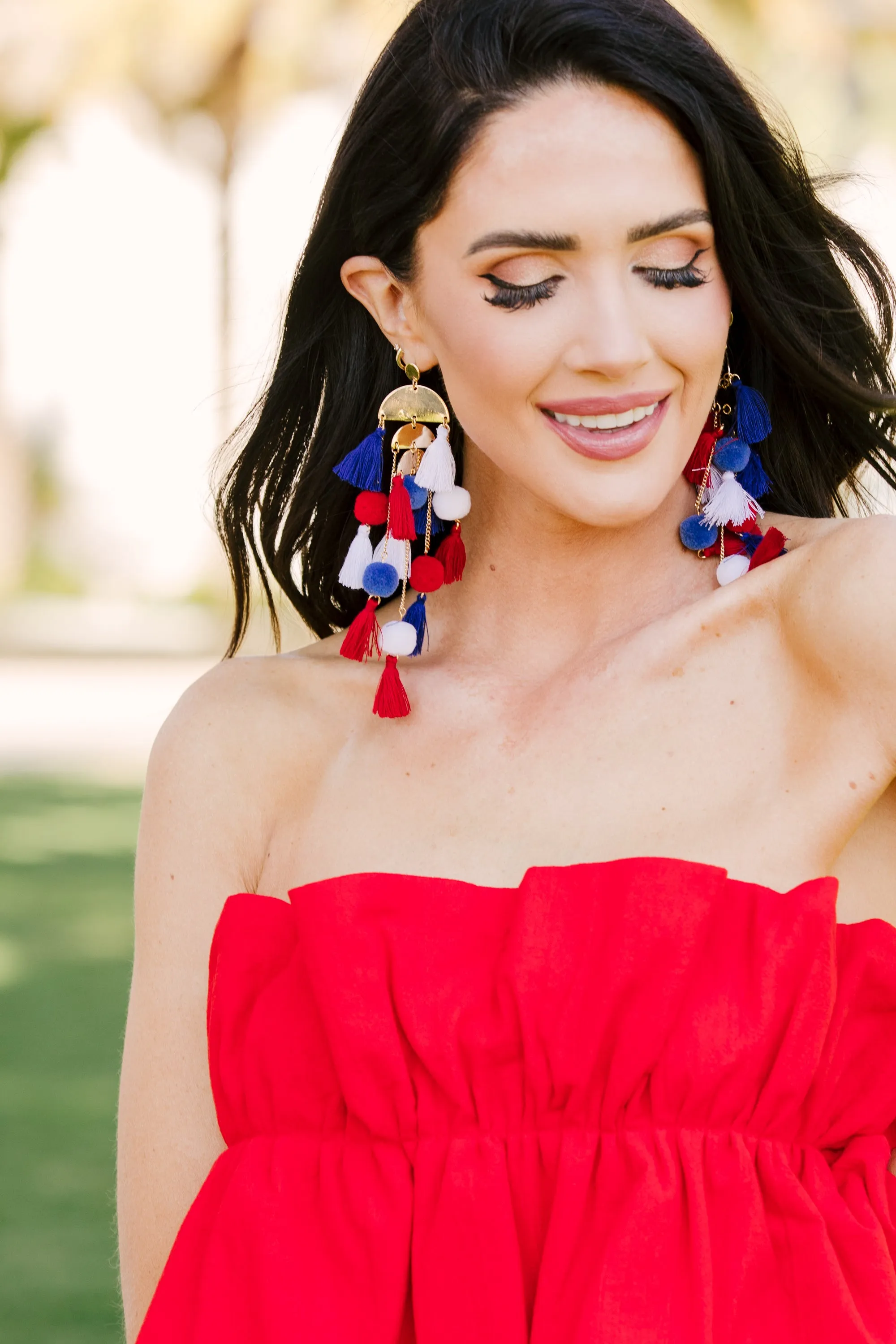 At Your Best Red White and Blue Tassel Statement Earrings
