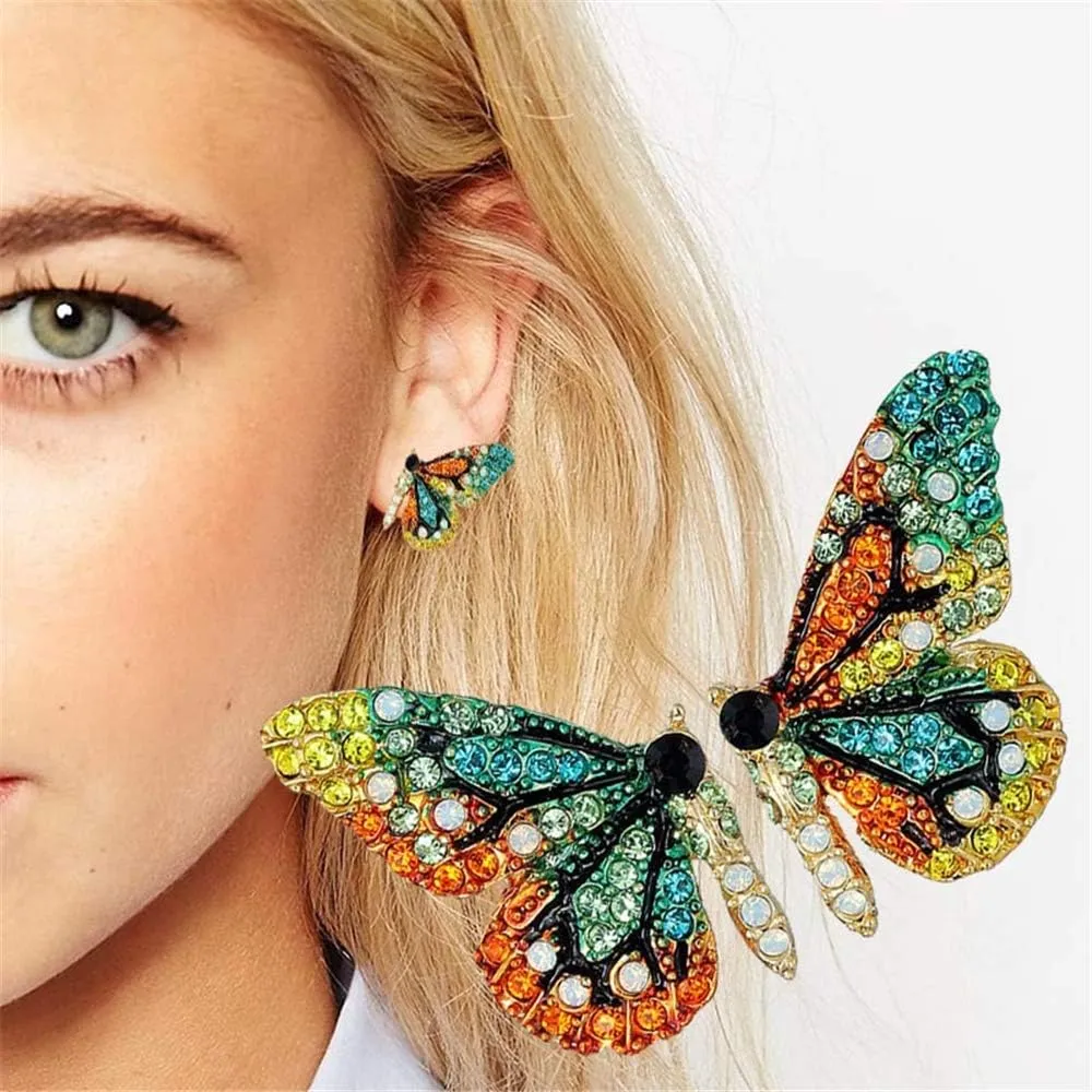 Butterfly Stud Earrings for Women Colorful Handmade 3D Crystal Fairy Animal Earrings Fashion Rhinestone Ladies Jewelries