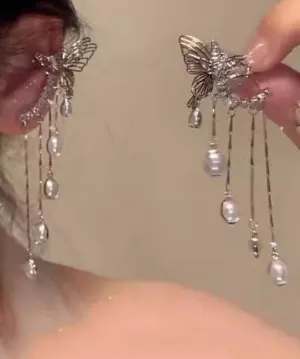 Elegant Silk Copper Zircon Pearl Butterfly Tassel Drop Earrings QJ047 Elegant Silk Copper Zircon Pearl Butterfly Tassel Drop Earrings QJ047