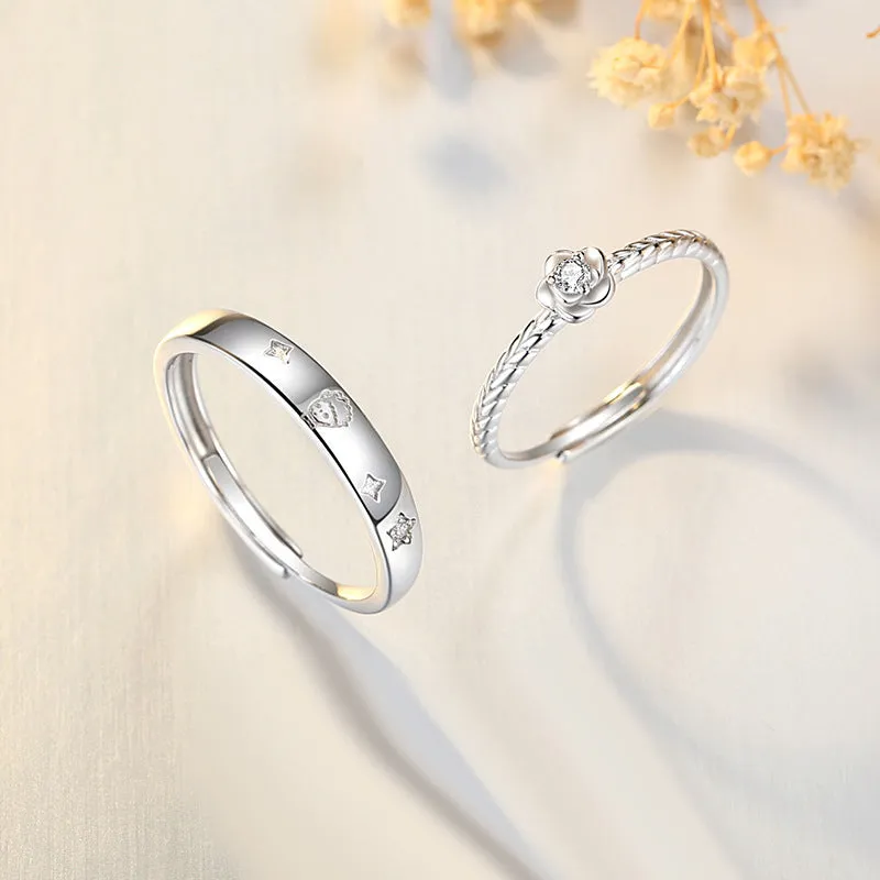 Engravable Matching Rose Flower Rings Set for Couple