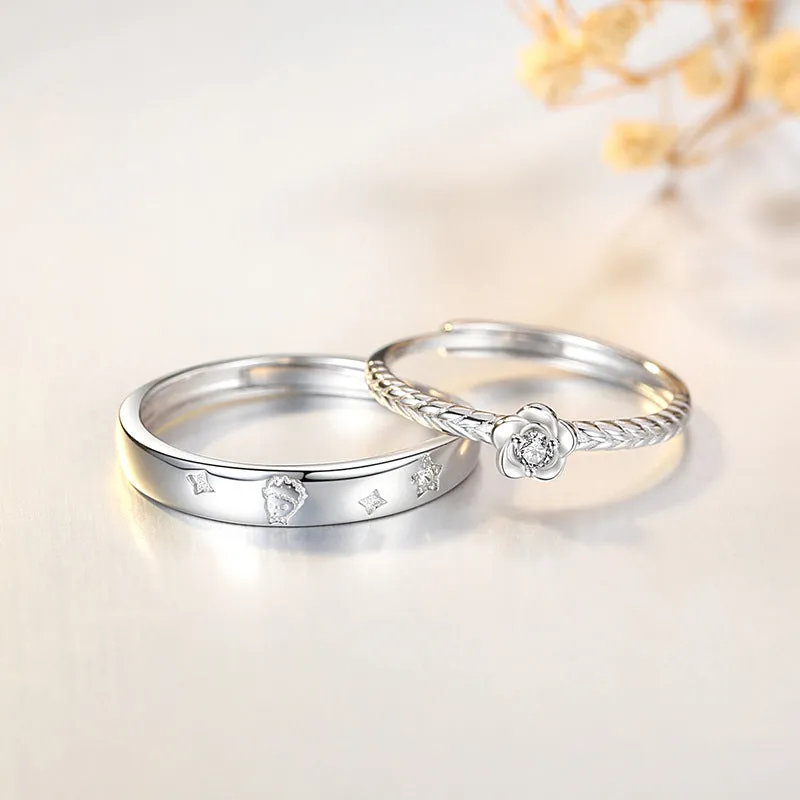 Engravable Matching Rose Flower Rings Set for Couple