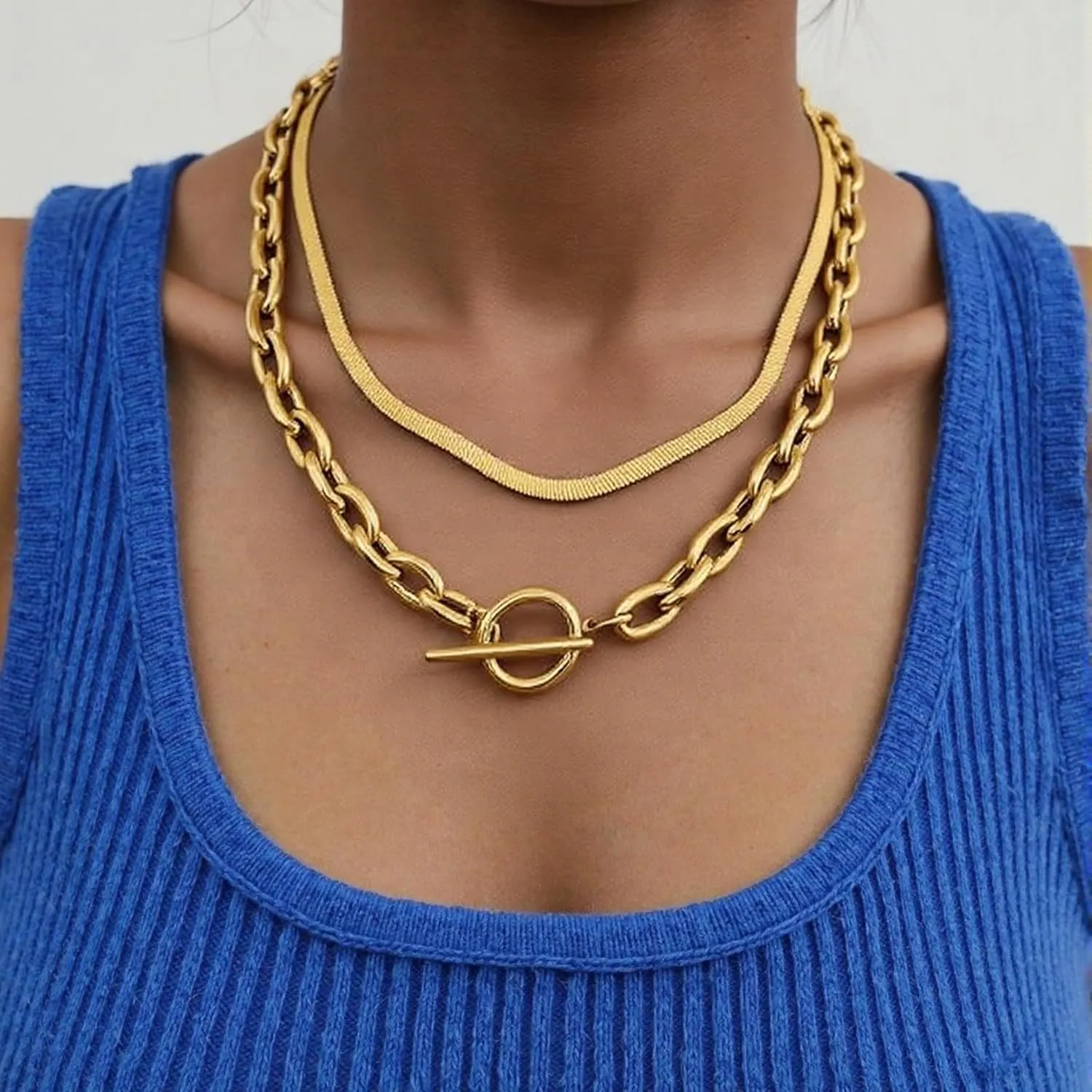 Frodete Layered Chunky Gold Necklace for Women Paperclip Chain Necklace Toggle Clasp Stacks Cuban Link Chain Necklace Dainty Gold Herringbone Necklaces