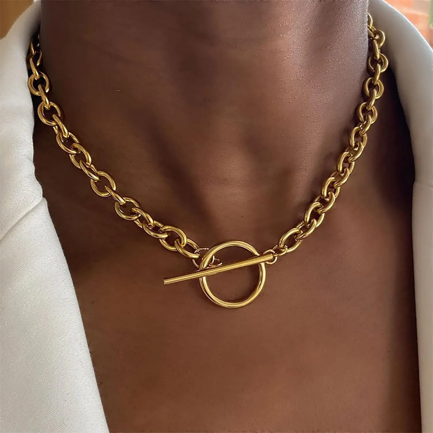 Frodete Layered Chunky Gold Necklace for Women Paperclip Chain Necklace Toggle Clasp Stacks Cuban Link Chain Necklace Dainty Gold Herringbone Necklaces
