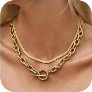 Frodete Layered Chunky Gold Necklace for Women Paperclip Chain Necklace Toggle Clasp Stacks Cuban Link Chain Necklace Dainty Gold Herringbone Necklaces
