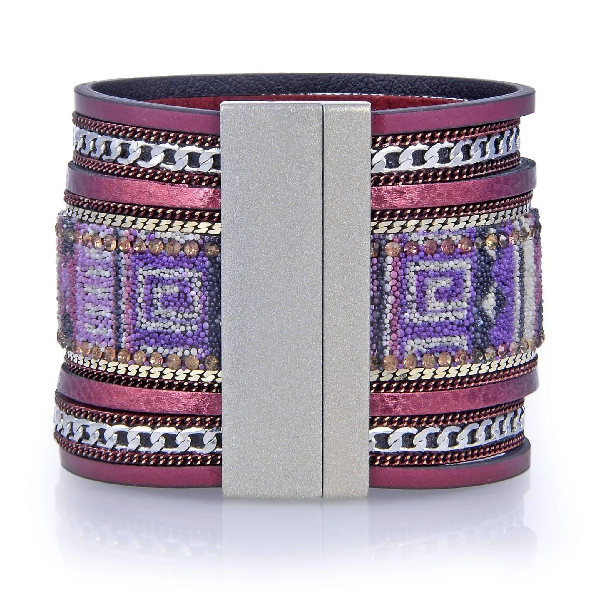 Multiple Layer Fine Bead Leather Strand Bracelet Red With Magnetic Clasp