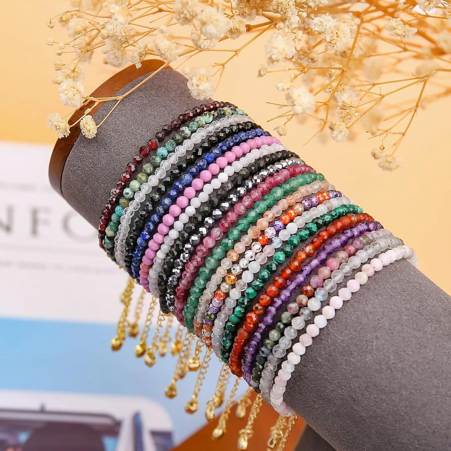 Natural Gemstone Faceted Beads Bracelets, 3mm Adjustable Chain Tiny Beaded Bracelet, Healing Crystal Reiki Chakra Dainty Minimalist Jewelry Fashion Birthday Gifts