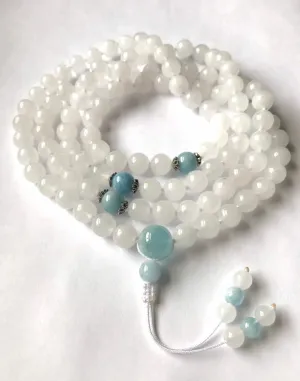 Natural Nephrite White Jade, Aquamarine 8mm-10mm 108 Mala Beads, Spiritual, Meditation Beads, Reiki, Japa Mala, Buddhist Prayer Beads, Yoga Bracelet, healing beads LKMALA-RRGU-1021