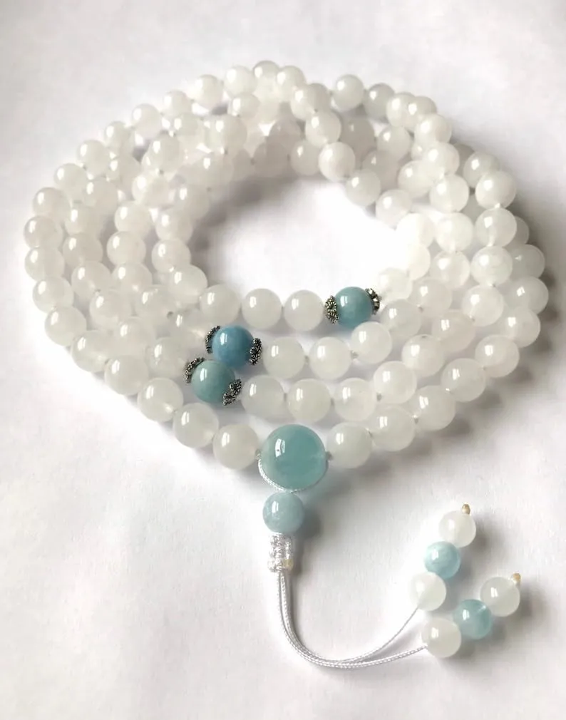 Natural Nephrite White Jade, Aquamarine 8mm-10mm 108 Mala Beads, Spiritual, Meditation Beads, Reiki, Japa Mala, Buddhist Prayer Beads, Yoga Bracelet, healing beads LKMALA-RRGU-1021