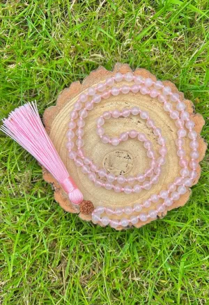Natural Rose Quartz and rudraksha 6mm-8mm 108 Mala Beads, Spiritual, Meditation Beads, Reiki, Japa Mala, Buddhist Prayer Beads, Yoga Bracelet, healing beads LKMALA-RRGU-519