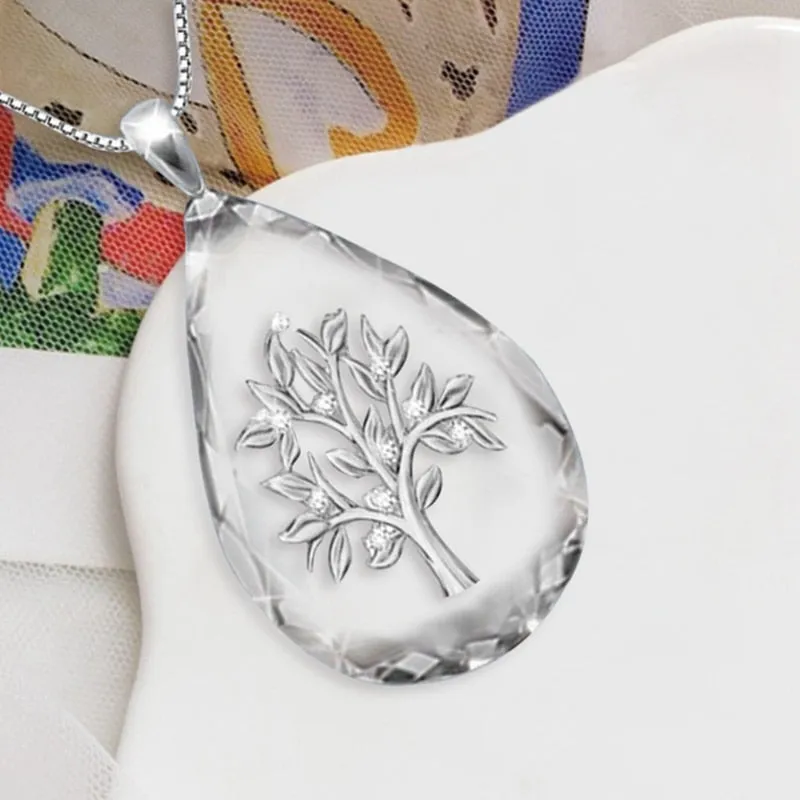 Transparent Crystal Waterdrop Shape, Life Tree Pendant Necklace for Women