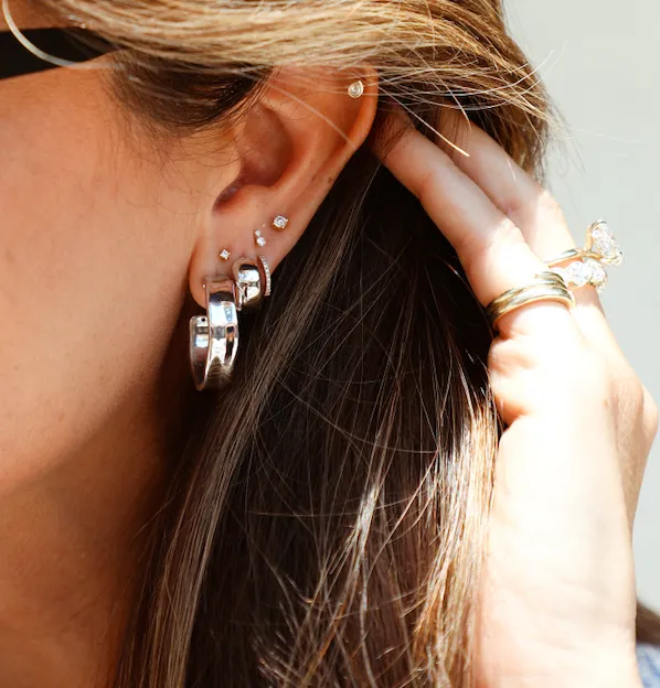 White Gold Wavy Wide Hoop Studs