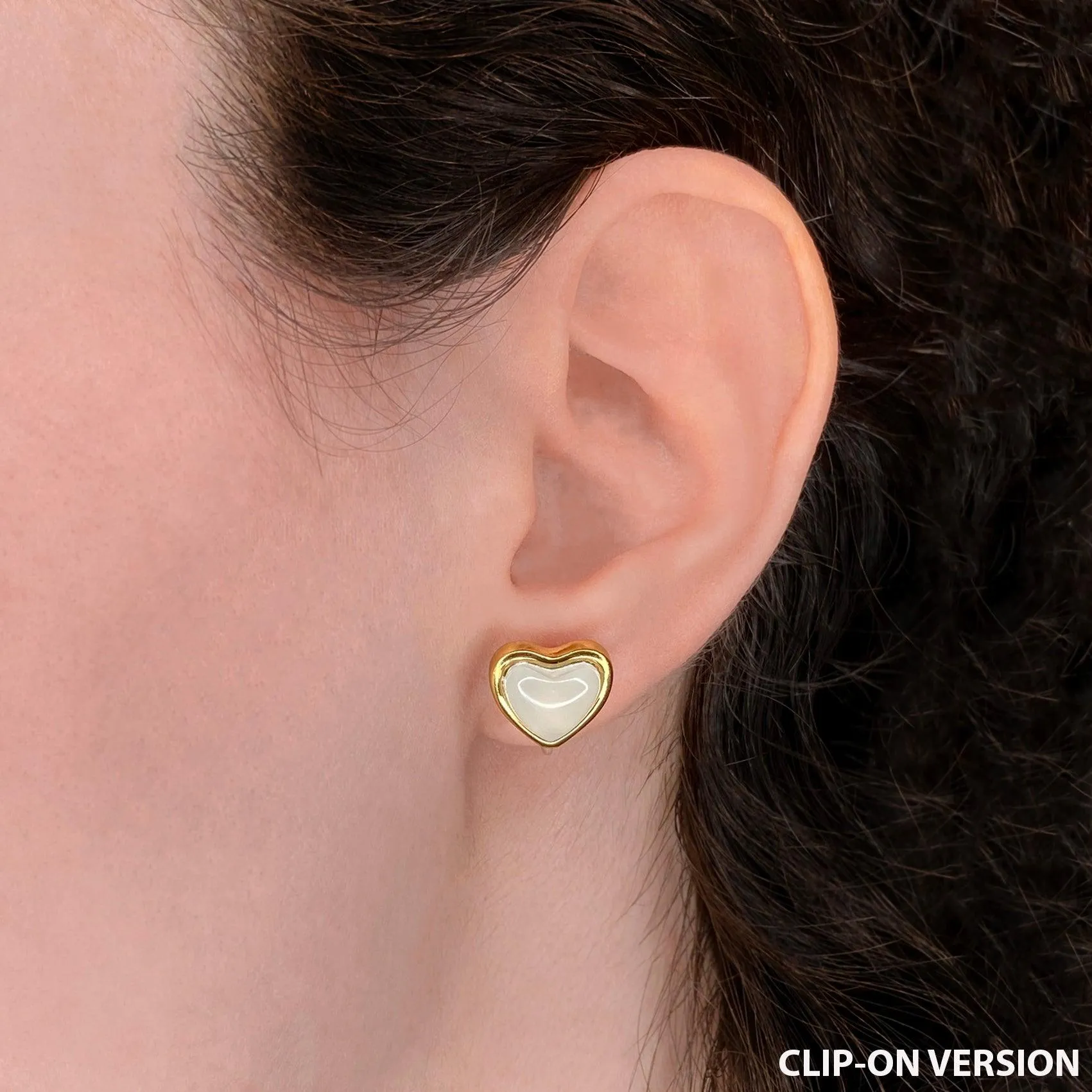 WHITE HEART STUD CLIP-ON EARRINGS IN GOLD